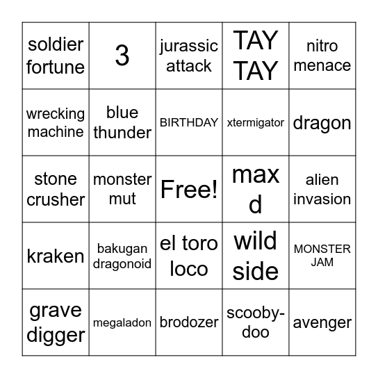 MONSTER TRUCK BINGO Card