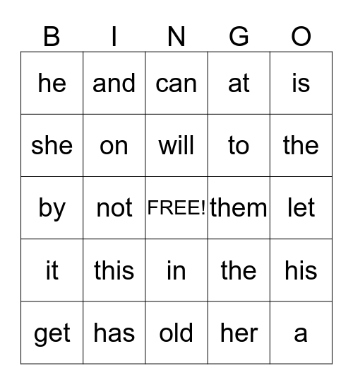 McGuffey Primer Sight Word Bingo Card