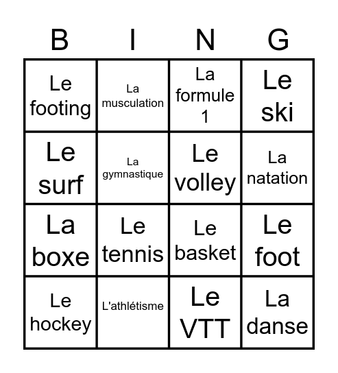 Les sports Bingo Card