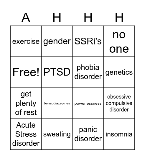 Anxiety Bingo Card