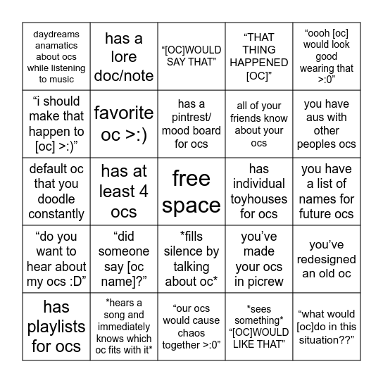 obsessed with your ocs bingo Card