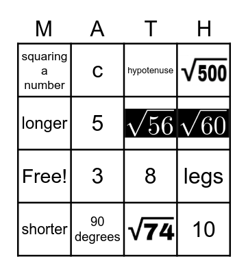 Pythagorean Theorem Review Bingo Card