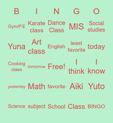 Classes Bingo Card