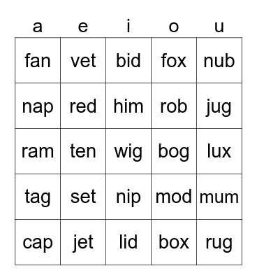 CVC BINGO Short Vowels Bingo Card