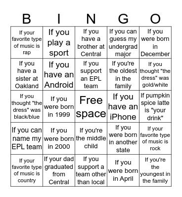 First Day of Class - Get to Know Me Bingo Card