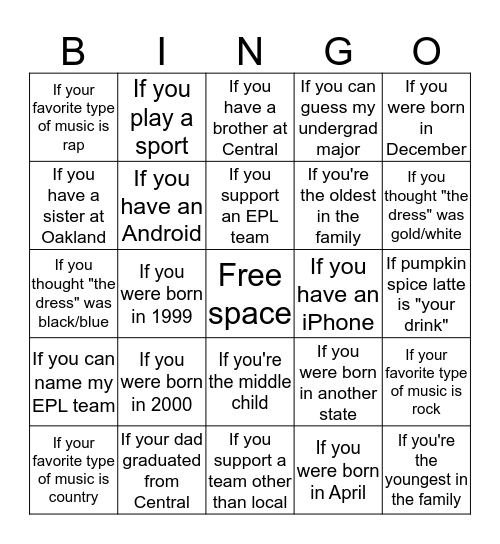First Day of Class - Get to Know Me Bingo Card