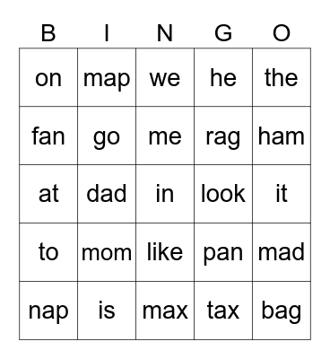 CVC--Short A and Sight Words A - B Bingo Card