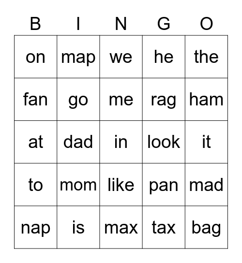 CVC--Short A and Sight Words A - B Bingo Card