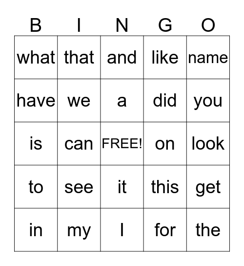 Sight Word Bingo Card