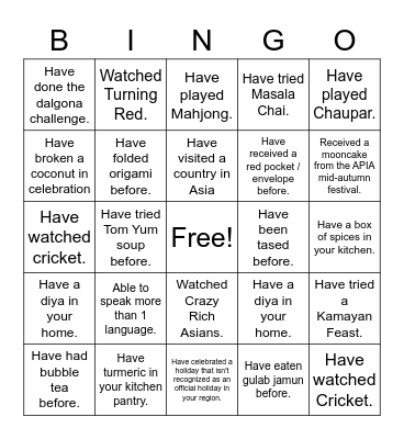 APIA Heritage Month BINGO Card