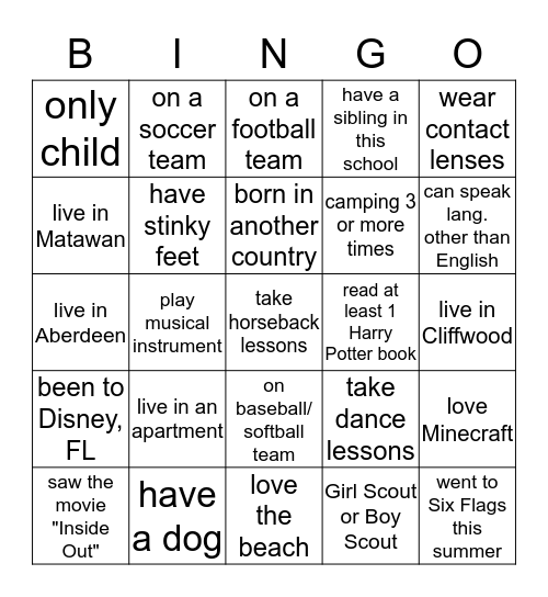 Back to School Bingo Card