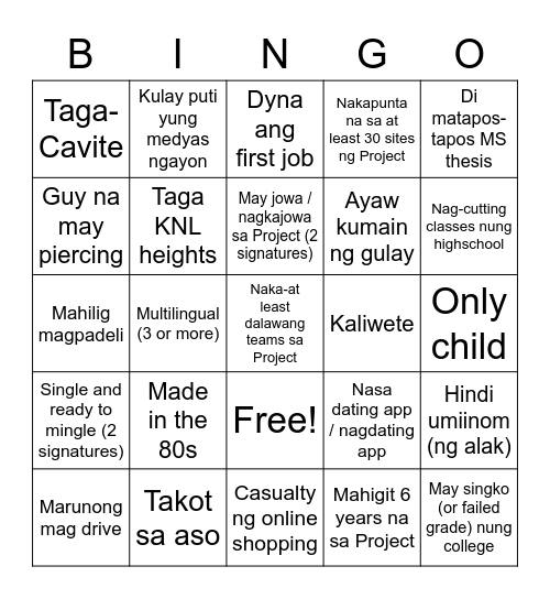 KUMUSTAHAN (HUMAN BINGO) Bingo Card