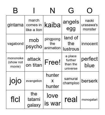 itchyxena's anime/manga bingo Card