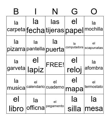spanish classroom objects Bingo Card