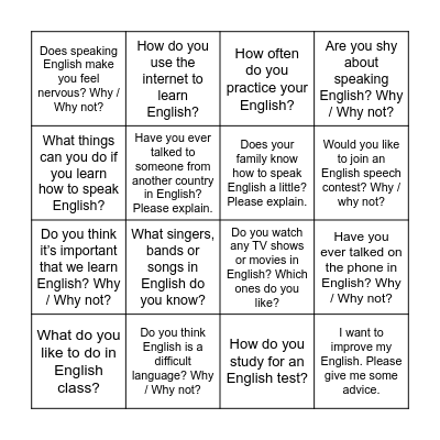 Let’s Talk About: English! Bingo Card