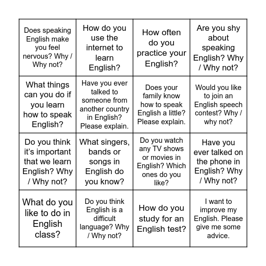 Let’s Talk About: English! Bingo Card