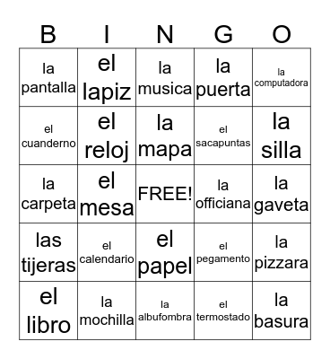 Spanish classroom objects Bingo Card