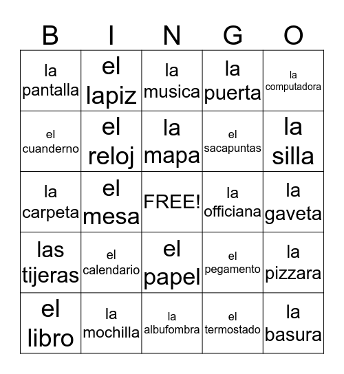 Spanish classroom objects Bingo Card