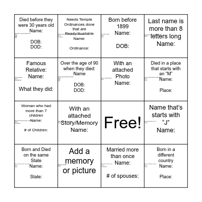Family History BINGO!!! A Relative Who... Bingo Card