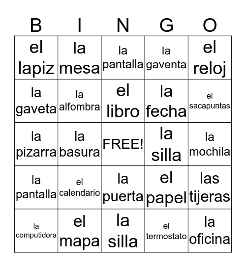 Spanish Classroom Bingo Card