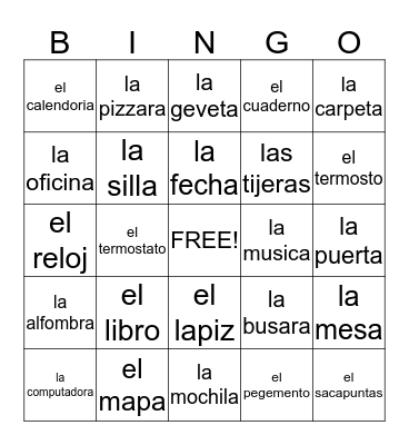 spanish classroom objects  Bingo Card