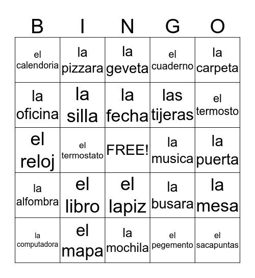 spanish classroom objects  Bingo Card