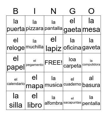 Spanish classroom objects Bingo Card