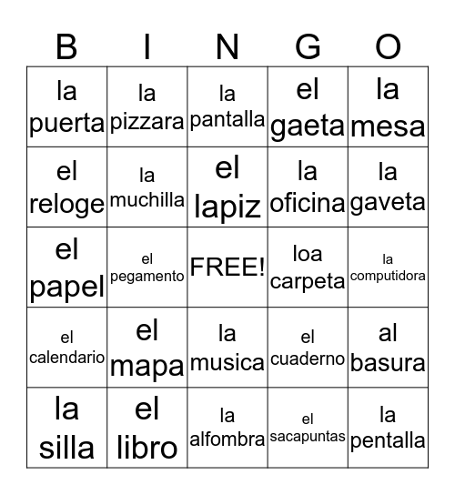 Spanish classroom objects Bingo Card