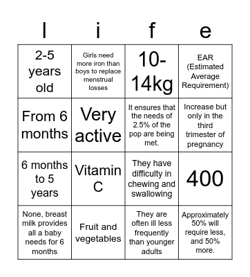 Life stages Bingo Card