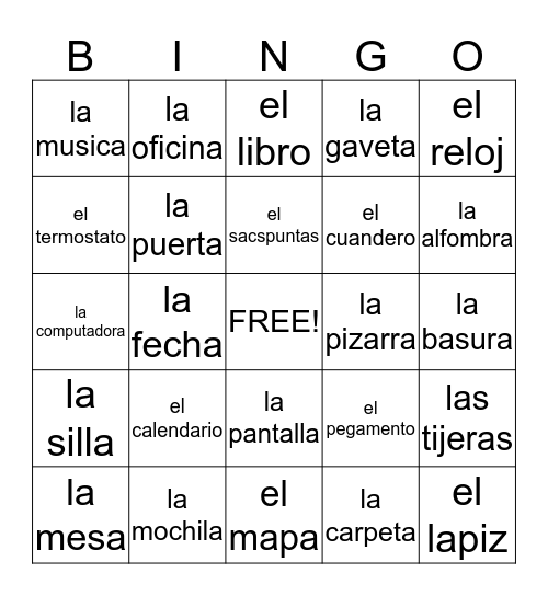 Spanish Classroom Objects Bingo Card