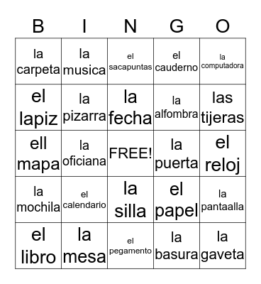 spanish classroom objects Bingo Card