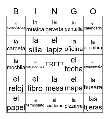 Spainish Classroom objects Bingo Card