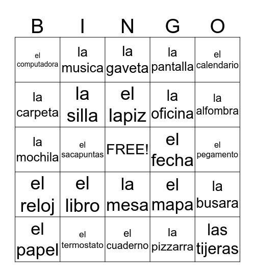 Spainish Classroom objects Bingo Card