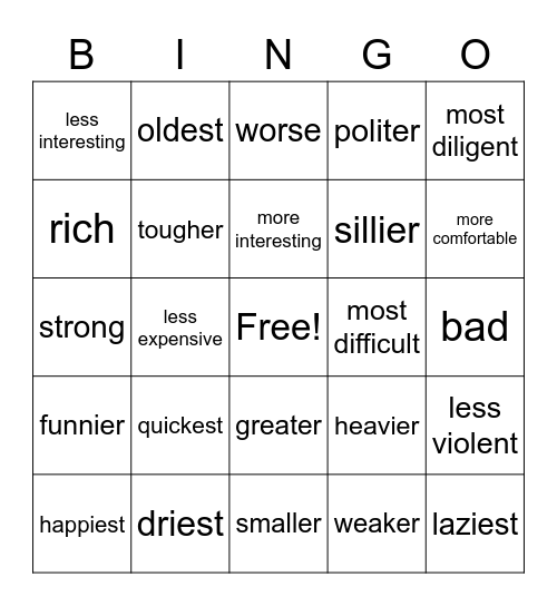 Adjectives Bingo Card