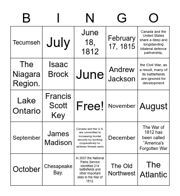 The war of 1812 Bingo Card