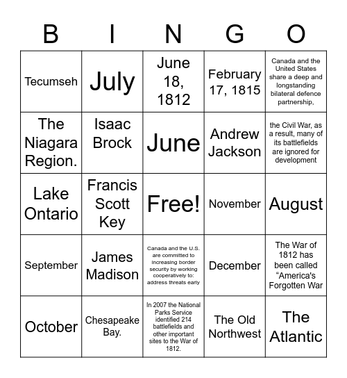The war of 1812 Bingo Card