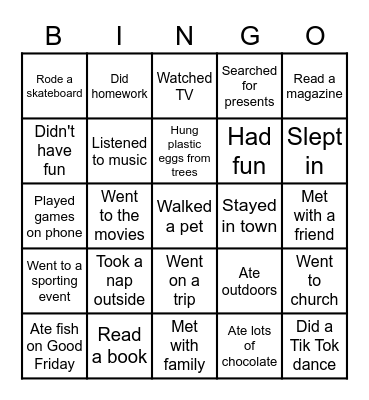 Spring Break Bingo Card