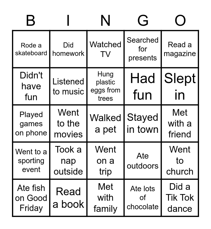 Spring Break Bingo Card