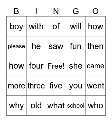 Sight Word Bingo Card