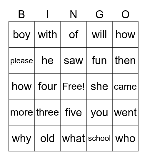 Sight Word Bingo Card