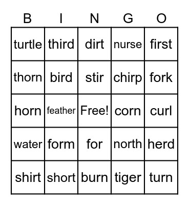 R-Controlled Bingo -er,-ir,-or,-ur Bingo Card