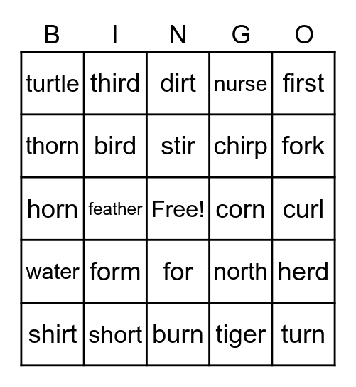 R-Controlled Bingo -er,-ir,-or,-ur Bingo Card