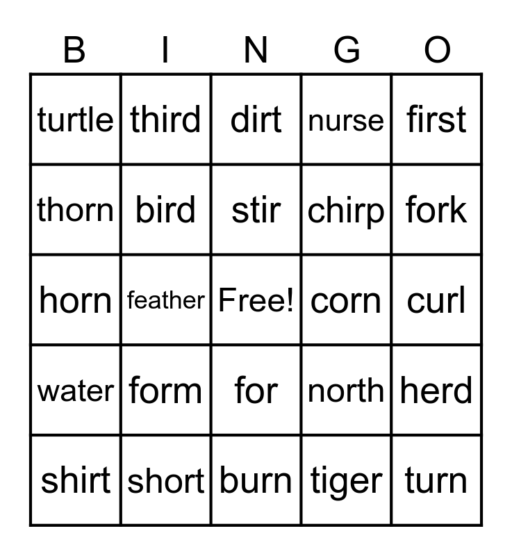 R-Controlled Bingo -er,-ir,-or,-ur Bingo Card