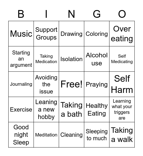 Positve/Negative Coping Skills Bingo Card