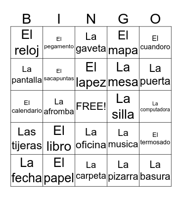 Classroom objects in Spanish Bingo Card