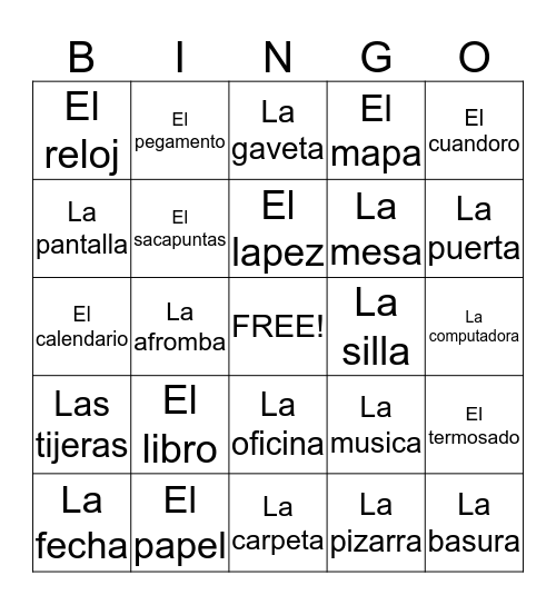 Classroom objects in Spanish Bingo Card