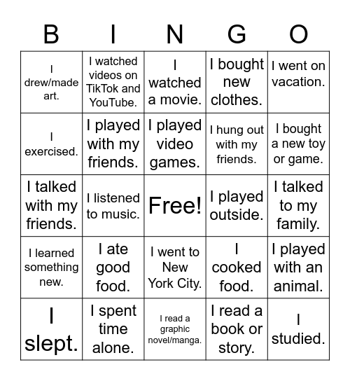 Spring Break Bingo Card