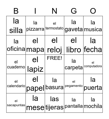 Classroom Objects In Espanol Bingo Card