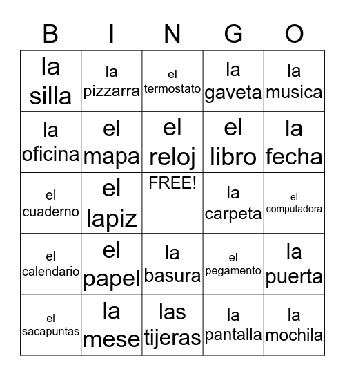 Classroom Objects In Espanol Bingo Card