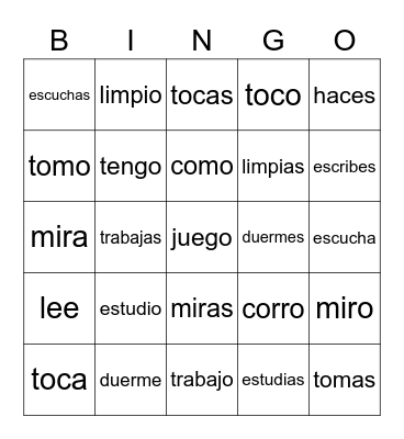 Yo, tú, ella 20 verbs (MINUS go, sing, call) Bingo Card
